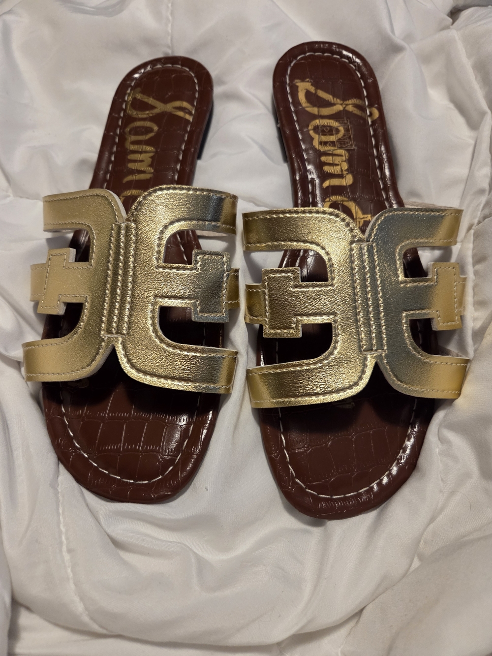 Sam Edelman Metallic Gold Cutout Slide Sandals with Brown Footbed